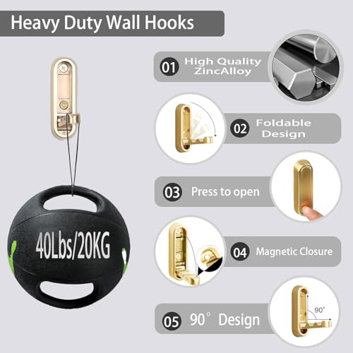 WXISOML Folding Wall Hooks - Heavy Duty Zinc Alloy Coat Hooks, Gold (2PCS)
