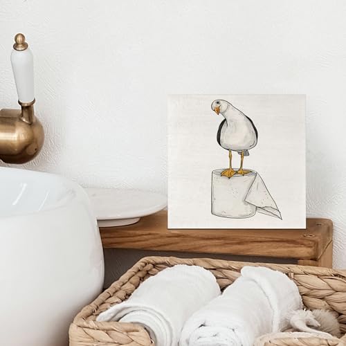 Seagull Wooden Box Sign - Coastal Bathroom Decor, 5x5 Inch