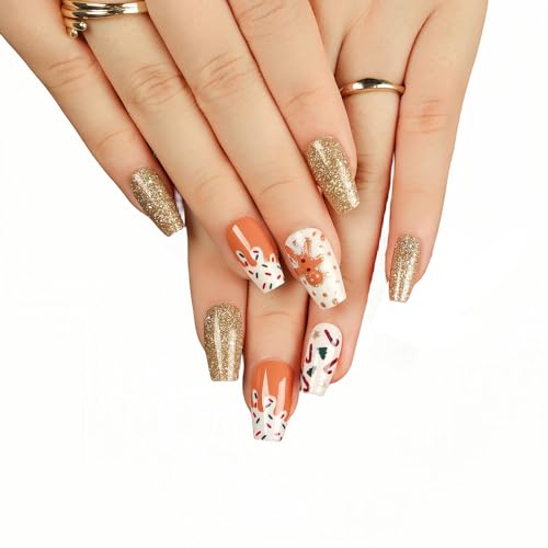 BFY Christmas Press on Nails Medium Coffin Glossy False Nails with Gold Glitter Gingerbread Man Design 24 Pcs