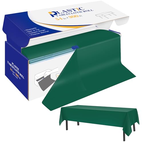 Dark Green Plastic Tablecloth Roll - Disposable 54 in x 300 ft with Slide Cutter