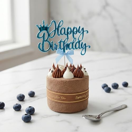 Blue Acrylic Happy Birthday Cake Topper with Crown and Bow 3x5 Inch
