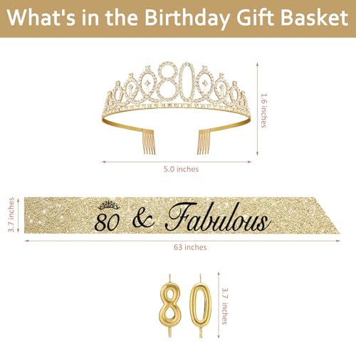 Gold 80th Birthday Decorations Set for Women - Tiara, Sash & Candles