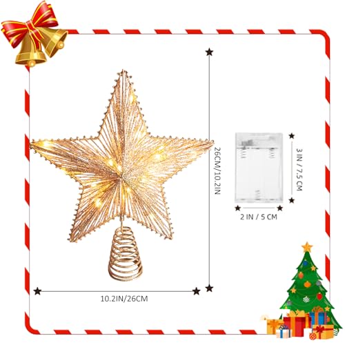 Noiclub Gold Glitter Christmas Tree Topper Star for 6-8FT Trees - Battery Operated, 10 Inch, Warm White LED Lights, Festive Holiday Decor - Golden01