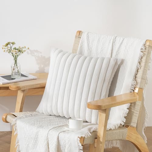 Cream White Faux Fur Lumbar Pillow Covers 12x20 Set of 2 - Soft Velvet Back Home Decor