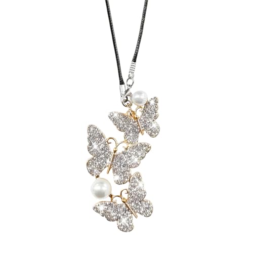 Bittwee Butterfly Crystal Car Rearview Mirror Ornament - White