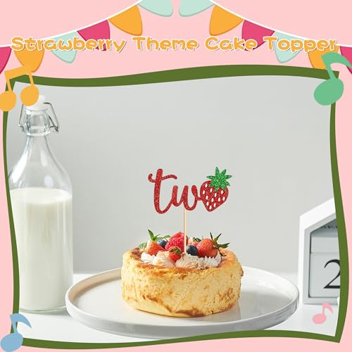 12 Red Glitter 'Two' Strawberry Cupcake Toppers for 2nd Birthday