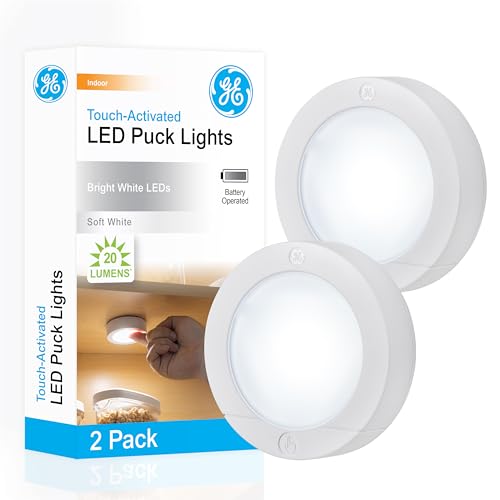 GE Battery Powered Puck Lights, Touch On/Off, 20 Lumens, 2 Pack