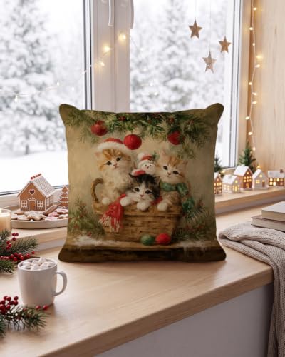 Vintage Christmas Cat Pillow Cover 18x18 with Hidden Zipper