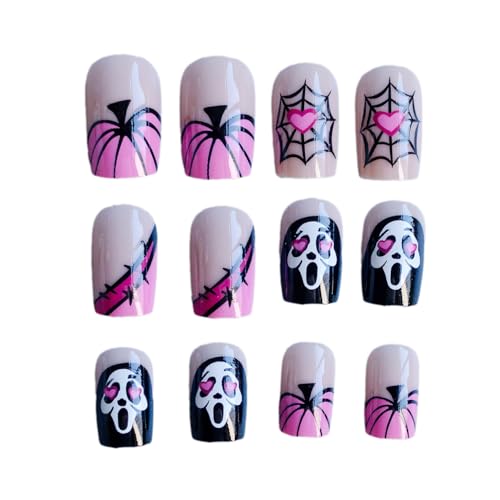 Halloween Press on Nails Short Square French Tip False Nail Kit