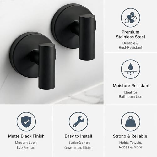 Matte Black Suction Cup Hooks - 2Pcs Waterproof Towel Holders