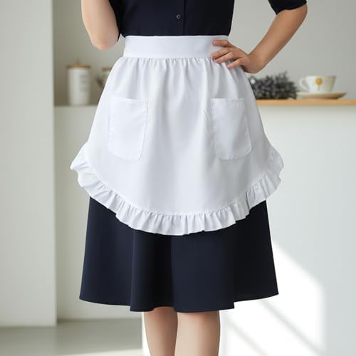 Grevosea Women's White Ruffle Maid Half Apron with Pockets