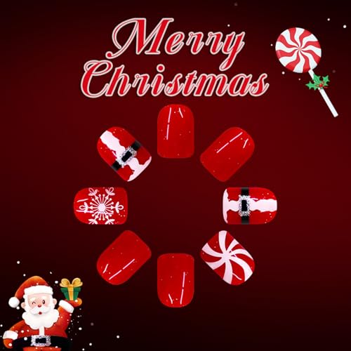 Christmas Press on Nails Short Square False Nails Santa Snowflake 24Pcs