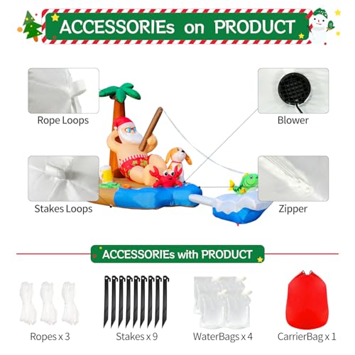 10FT Christmas Inflatable Santa Fishing by a Palm Tree with LED Lights - Holiday Yard Decor