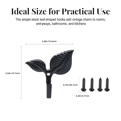 4-Pack Black Iron Leaf Wall Hooks - Heavy Duty Towel Hooks, 2.94 Inches