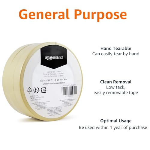 Amazon Basics Low Tack Masking Tape, 0.7 Inch x 180 Feet, 3-Pack