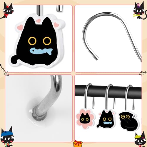 MALLMALL6 12-Piece Black Cat Shower Curtain Hooks - Rustproof Decorative Rings