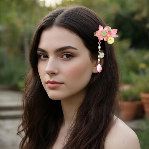 Shimmeroo 2Pcs Pink Flower Hair Clip Vintage Glass Bead Tassel Barrette