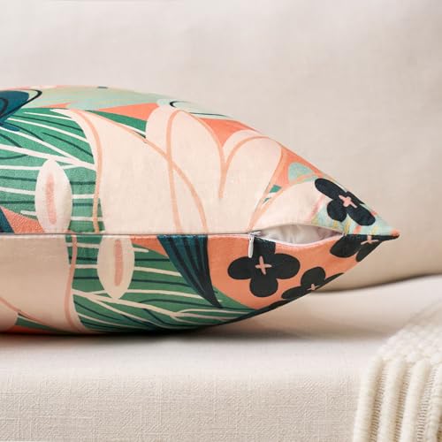 Tyrot Boho Floral Velvet Throw Pillow Covers, 18x18 Coral (Set of 2)
