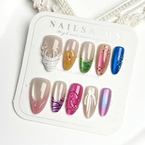 Glossy Almond Press On Nails French Tip Colorful Fake Nails Medium