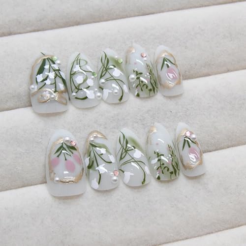 Floral Press On Nails Medium Almond Fake Nails with Pearls