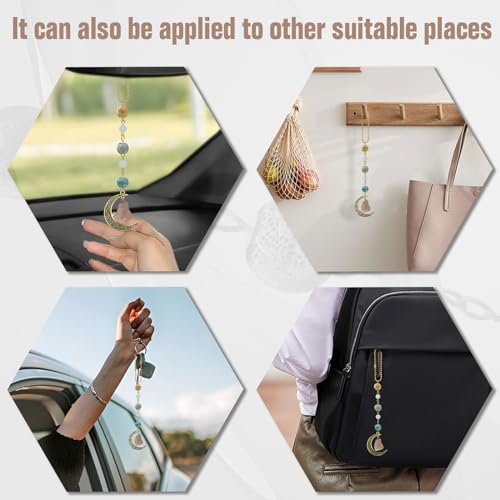 Boho Moon Car Charm with Crystals and Ceramic Pendant for Rearview Mirror, Women's Car Decor