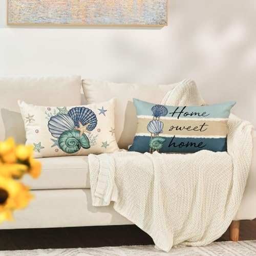 Summer Ocean Sea Shell Throw Pillow Covers Set of 4 - 12x20 Inches Home Decor