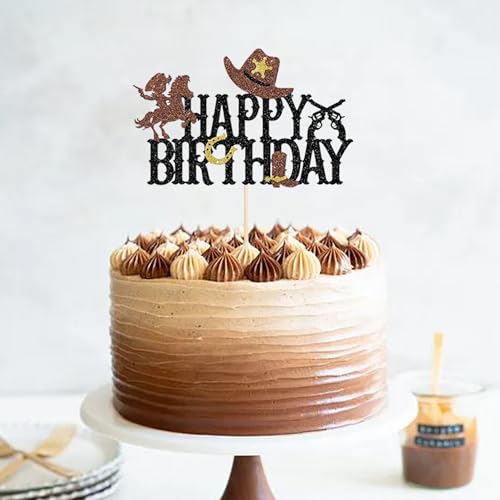Western Cowboy Happy Birthday Cake Topper - Glitter Design
