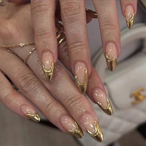 Press on Nails Long Almond Glossy Pink Nude with 3D Gold French Tips