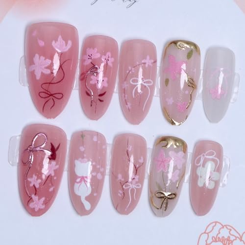 Pink Flower Press on Nails Medium Almond Cat Eye Glitter False Nails
