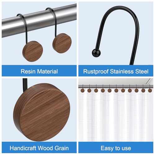 Imitation Wood Grain Shower Curtain Hooks - 12PCS Waterproof Rings
