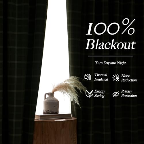 NICETOWN Green Buffalo Plaid Blackout Curtains 96 Inch Long with Rod Pocket & Tabs - Olive Green & White, Pack of 2