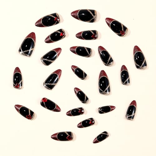 ZRETHFB Red French Tip Press on Nails Medium Almond Rhinestone False Nails