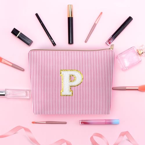 Mikela Monogrammed Makeup Bag, Letter P Pink Travel Toiletry Pouch