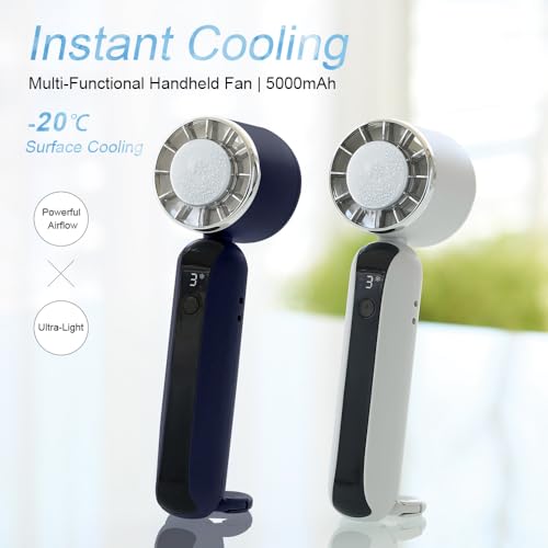 QYUOEY Blue Handheld Mini Portable Fan with Ice Cooling, USB Rechargeable, Up to 13H Runtime