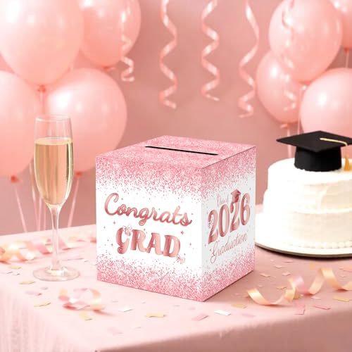 Elegant Pink Graduation Card Box - Rose Gold Decor for Parties