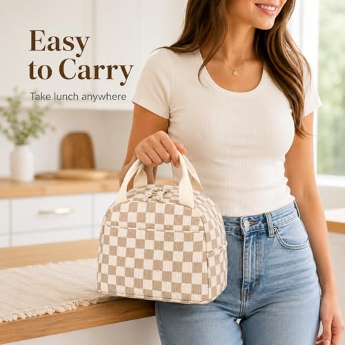 Bluboon Insulated Lunch Bag - 10L Brown Checkered Corduroy Lunch Tote