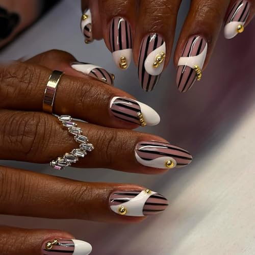 French Tip Press on Nails Medium Almond Fake Nails 3D Pearl Milk White