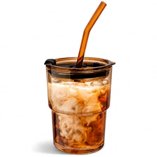 Olvini 13oz Glass Tumbler with Straw & Lid - Reusable Iced Coffee Cup