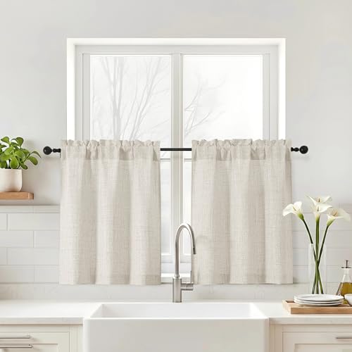 Ebesto Natural Kitchen Curtains 30W x 24L Inches - 2 Panels Light Filtering Faux Linen Texture, Rod Pocket Short Window Drapes for Kitchen, Bathroom, Over Sink, Pack of 2