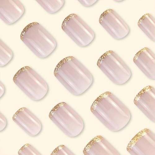 Short Square Press on Nails Gold French Tip Fake Acrylic Nails 24Pcs