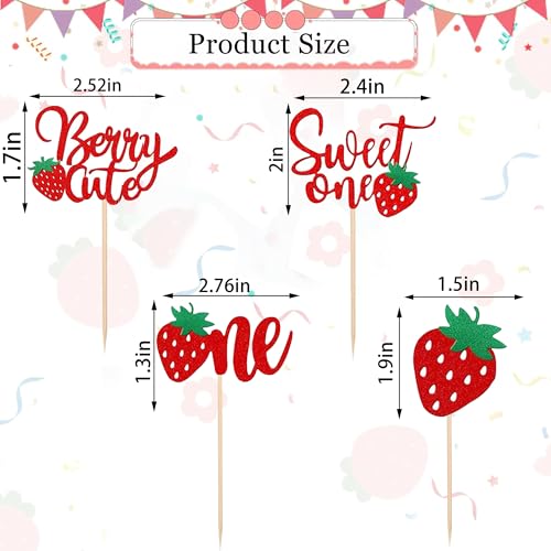 Glitter Strawberry 1st Birthday Cupcake Toppers - 12 Pcs Sweet One Party Supplies
