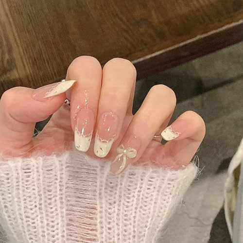 White French Tip Press On Nails with Bows & Pearls - Medium Round False Nails