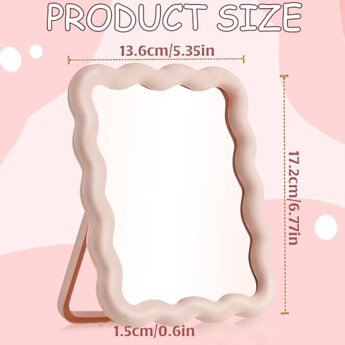 Wave-Shaped Pink Desk Mirror, Portable Folding Makeup Mirror 6.7x5.3 Inch