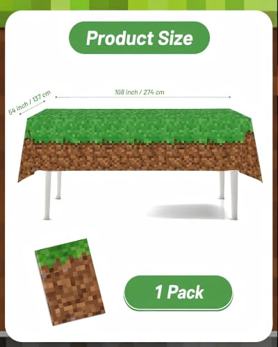 Calmi Green Pixel Miner Tablecloth - 54.1" x 108" Waterproof Gamer Party Cover