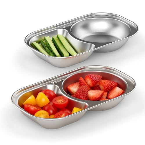 Bakpoco Stainless Steel Toddler Plates, 2-Divider Divided Kids Dish, 8.6"x5"