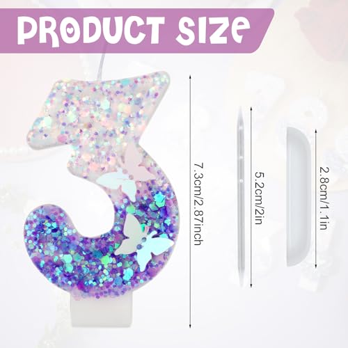 Purple Butterfly Glitter Number 3 Candle, 2.87 Inch Birthday Cake Topper