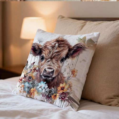 Highland Cow Pillow Cover 18x18, Soft Cotton Farmhouse Decor - Style 002