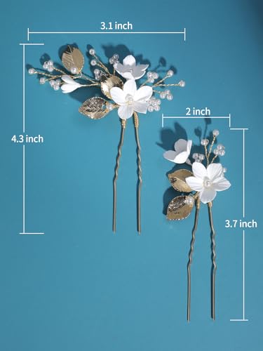 Bridal Hair Pins White Flower Gold Leaf Pearls - SELFCLOUD