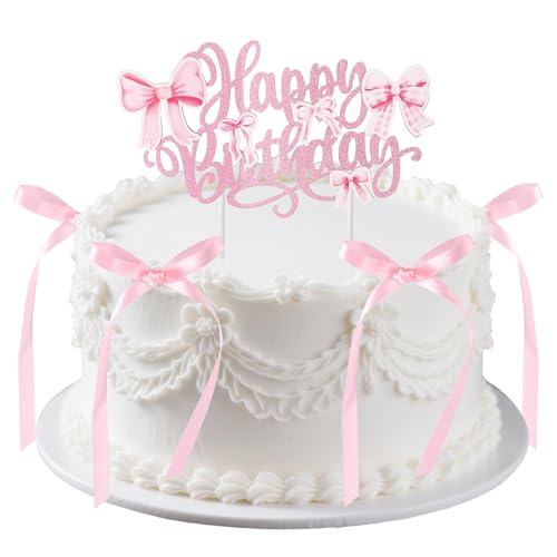 Retro Bow Cake Topper Set with Happy Birthday Sign - 10 Pieces
