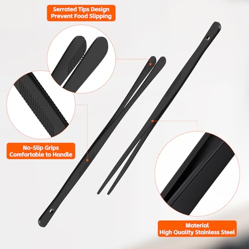 Tifanso 2-Pack 12-Inch Black Stainless Steel Serrated Cooking Tongs
